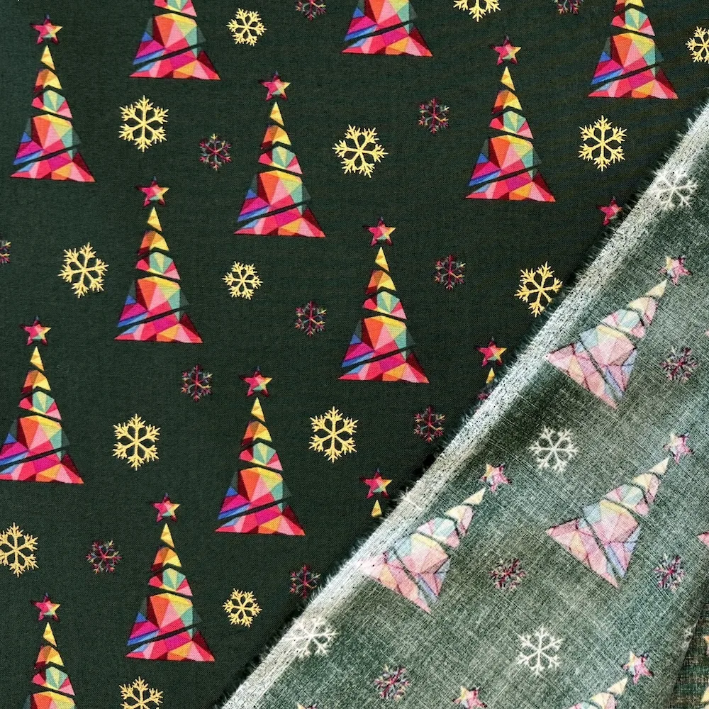 Festive 100% Cotton - Rainbow & Gold Trees - Dark Green - Image 2