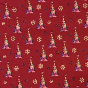 Festive 100% Cotton - Rainbow & Gold Trees - Red